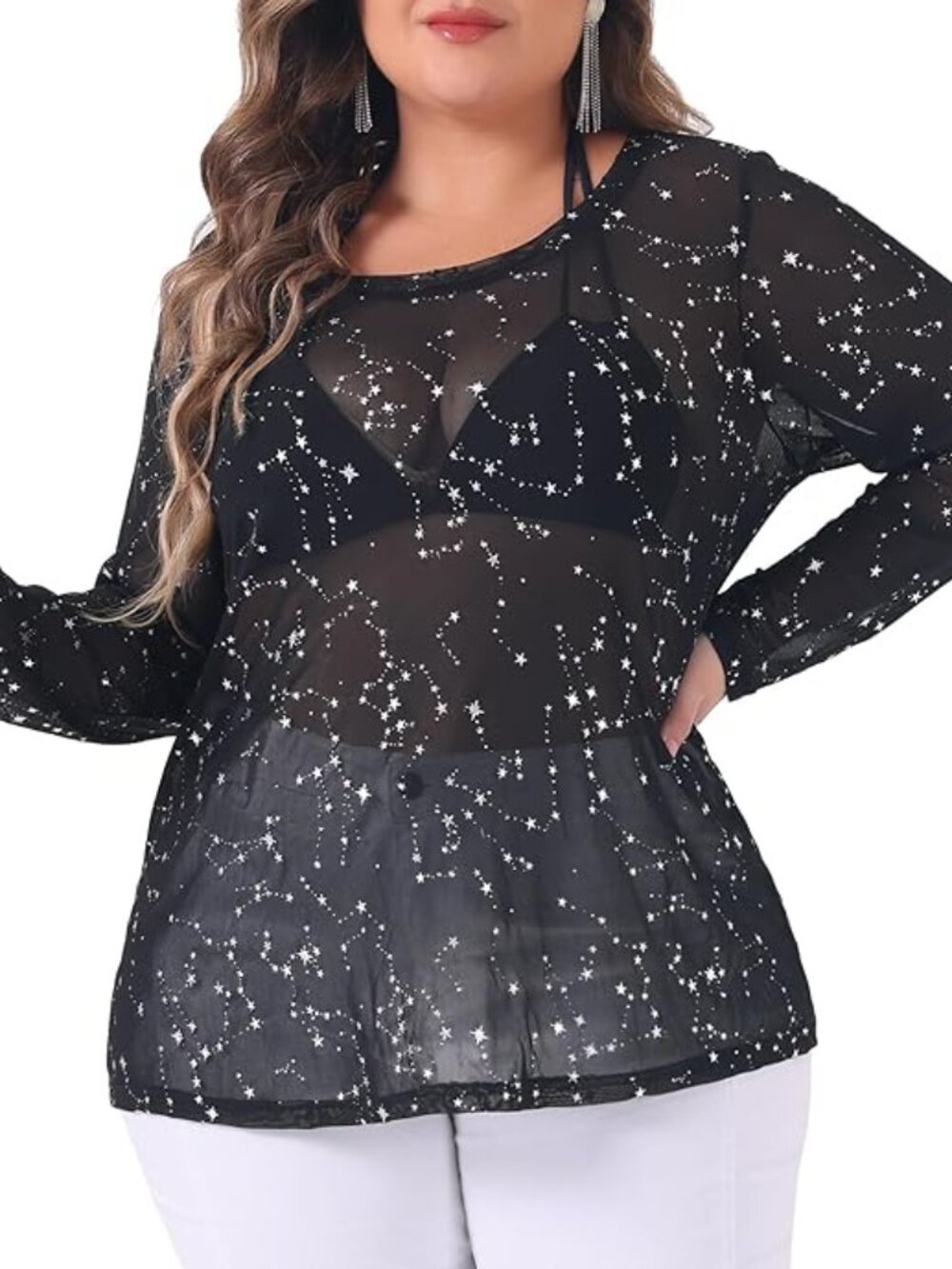 Unisex Plus Size Silver Stars Black Mesh Top